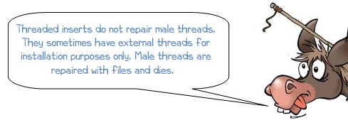 Threaded inserts do not repair male threads. They sometimes have external threads for installation purposes only. Male threads are repaired with files and dies.  