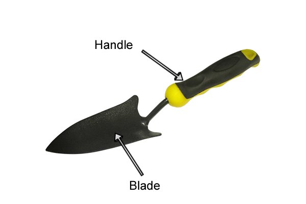 Blade and handle on a traditional garden trowel