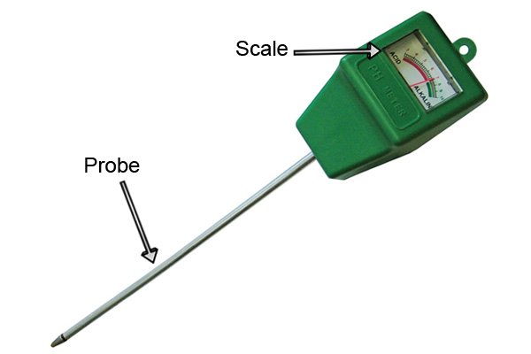 soil pH meter, labelled scale & indicator