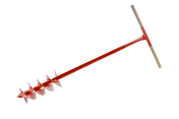 A manual post hole auger or borer or digger with a T-bar handle made of wood.