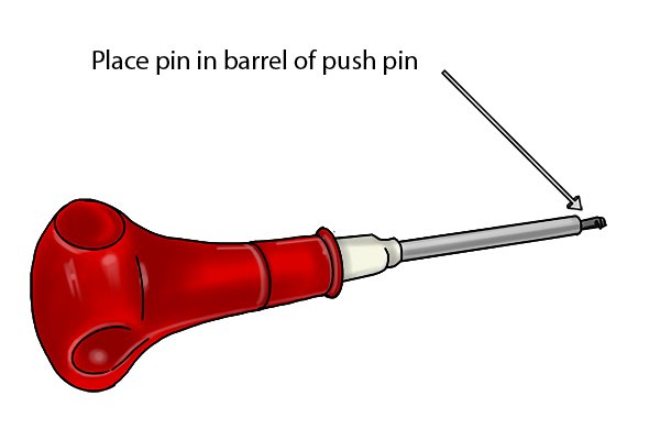 A panel pin held at the end of the barrel of a push pin by a magnet 