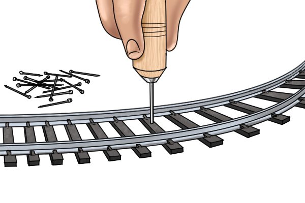 Model railway track and pin pusher