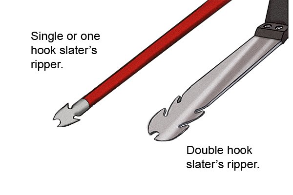 Two blades of a slater's ripper showing one hook and two hook designs