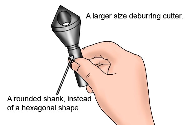 A larger size deburrer, has a rounded shank instead of a hexagonal one.