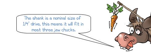 The shank is a nominal size of  1/4” drive, this means it will fit in most three jaw drill chucks.