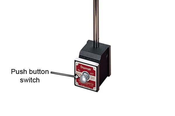 Push button magnetic base has a push button switch to turn the magnet on and off