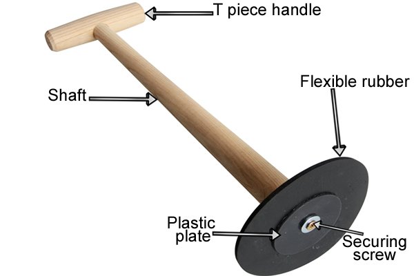 T piece handle, shaft, flexible rubber, plastic plate, securing screw