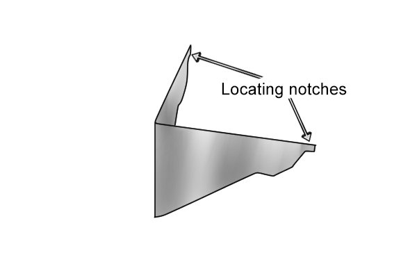 Locating notches locate and hold a cove mitre in place on the coving
