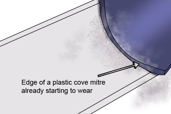 Worn edge of a plastic cove mitre
