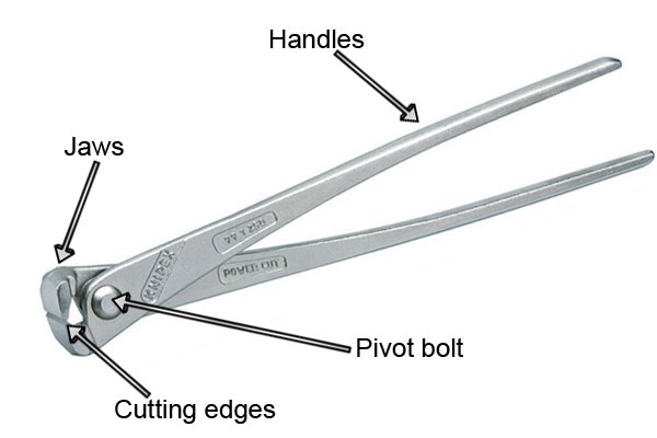The parts of concretor's nippers and pliers are jaws, cutting edges,pivot bolt and handles