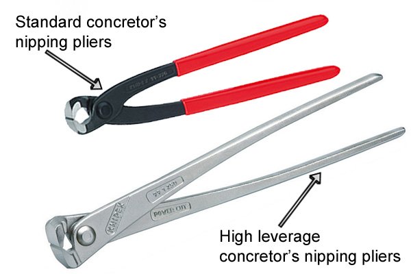 High leverage and standard concretor's nipping pliers comparison.