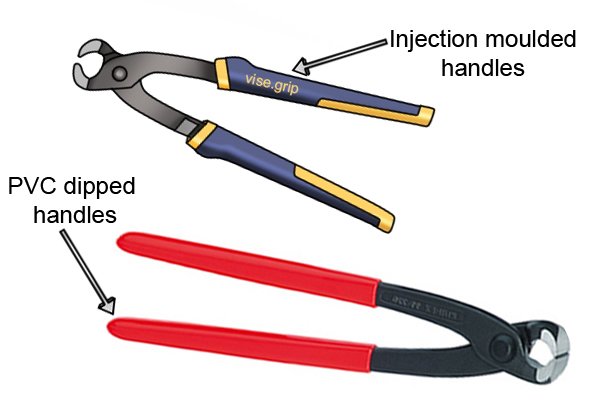 Concretor's nippers and pliers can have either bare metal, PVC or injection moulded handles.