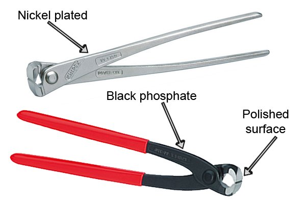 There are three surface finishes found on concretor's nippers and pliers.