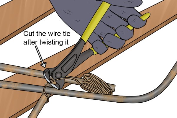 Cutting the wire tie with concretor's nippers and pliers after twisting it around the rebar.