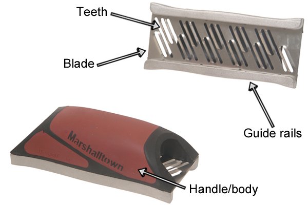 Parts of a pocket dry wall rasp include: blade, teeth, handle/body and guide rails