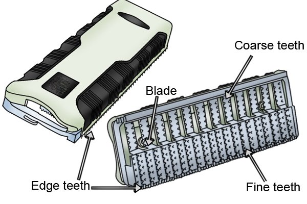 Parts of a three file combination rasp include: blade, handle, coarse teeth, fine teeth, edge teeth and embedded grip