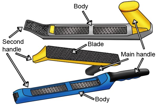 Parts of a two-handled dry wall rasp include: main handle, second handle, body and blade