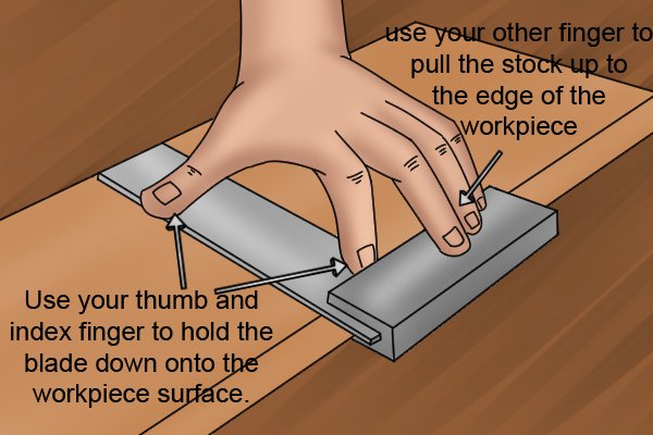 When holding an engineer's square on a workpiece you wish to mark out, Use your thumb and index finger to hold the blade down onto the workpiece surface. Use your other fingers to pull the stock up to the edge of the workpiece.