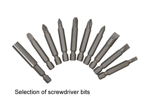 Selection of screwdriver bits that can be used with a brace to drive screws into or remove them from a workpiece.