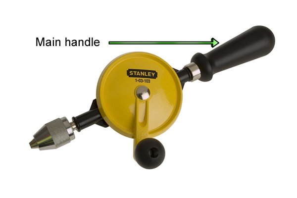 The main handle of the hand drill is the large handle at the end of the drill