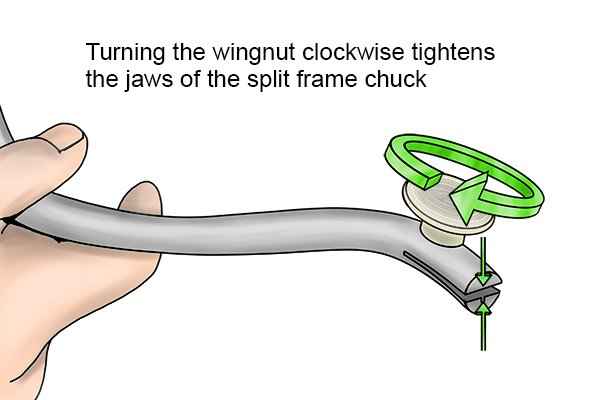 To tighten the jaws of a split frame chuck and clap a bit in your brace turn the wing nut clockwise, to release the bit turn the wing nut anti-clockwise