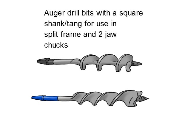 Auger bits such as those with square tang shanks are designed for use in split frame and 2 jaw chucks