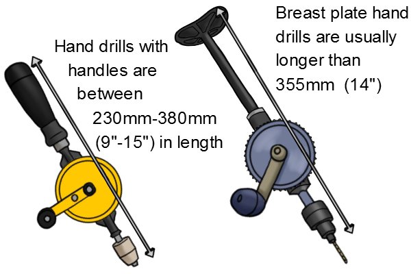 Handle hand drills are shorter in length than breast plate hand drills
