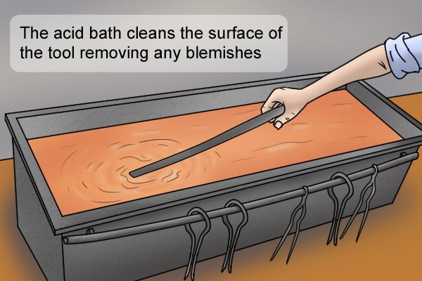 The tool is placed in an acid bath to remove any blemishes from its surface