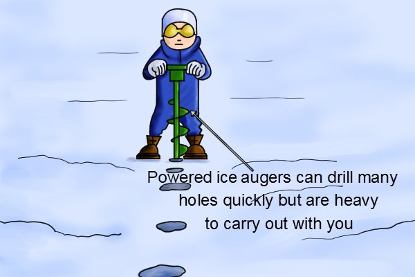 Powered ice augers can be used to quickly drill many holes in a frozen lake but they are heavier than a manual ice auger and brace