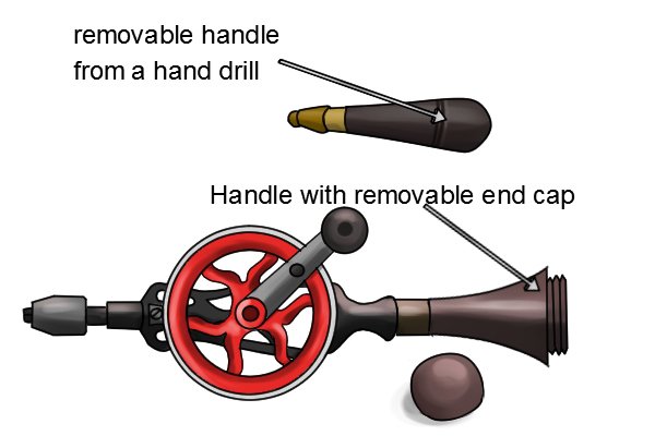 Unscrew-able hand drill handles where just the end unscrews can store more drill bits inside them
