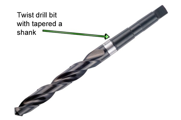 Most drill bits have a round shank although some may be available with tapered square or hexagonal shanks such as this twist drill bit, which may make them easier to fit in the chucks of some hand drills and braces.