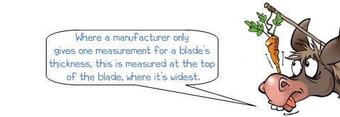 Wonkee Donkee says: "Where a manufacturer only  gives one measurement for a blade's thickness, this is measured at the top of the blade, where it’s widest."