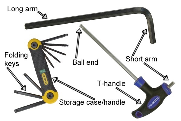 The parts you may encounter on a hex or Torx key include; Long arm, Short arm, T-handle, Ball end, Folding keys, Storage case/handle
