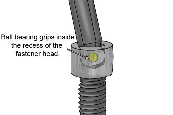 Ball bearing non-magnetic fastener holder gripping the inside of a fastener head recess