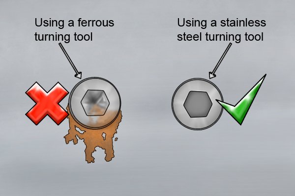 Using a stainless steel turning tool such as a hex key instead of a ferrous one prevents rust forming on stainless steel fasteners.