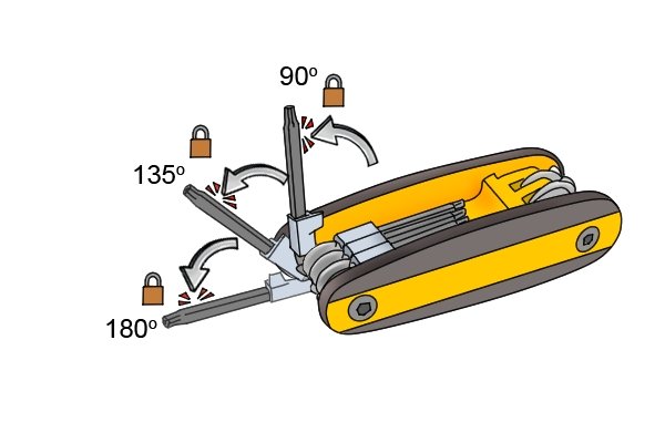 Locking folding hex keys lock at 90°, 135°, and 180°