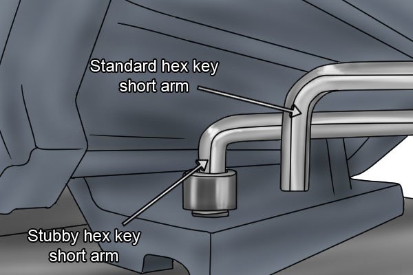 Standard and stubby hex key showing the difference in length of their short arms.