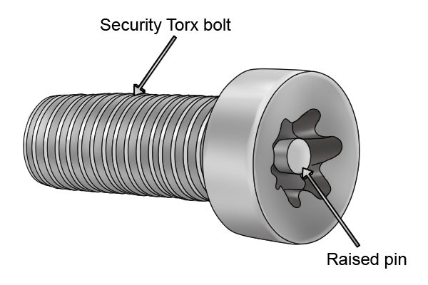 Security Torx bolts have a raised pin in the centre of the female recess on the fastener head