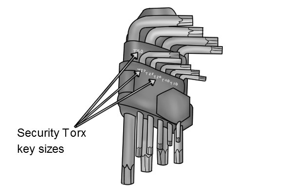 Sizes of security Torx keys in this set range from T50 to T10