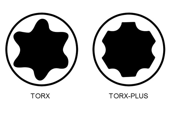 Torx vs Torx Plus comparison. Torx Plus have more square points to their six pointed star shape.