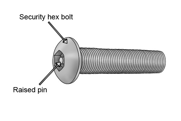 Security hex bolts have a raised pin in the centre of the female recess on the fastener head
