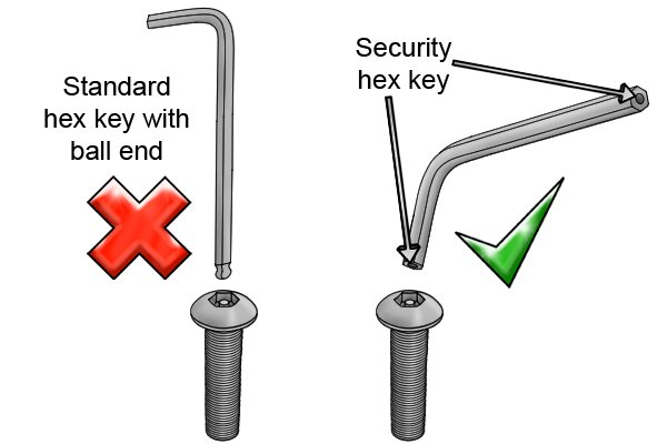Only a security hex key can be used to turn a security hex fastener
