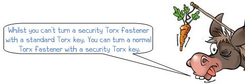 Wonkee Donkee says: "Whilst you can’t turn a security Torx fastener with a standard Torx key. You can turn a normal Torx fastener with a security Torx key."