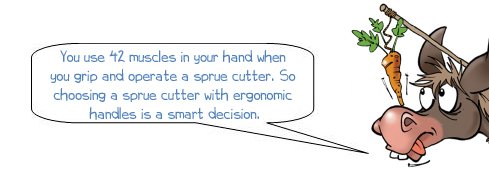 Wonkee Donkee says: "You use 42 muscles in your hand when you grip and operate a sprue cutter. So choosing a sprue cutter with ergonomic handles is a smart decision."