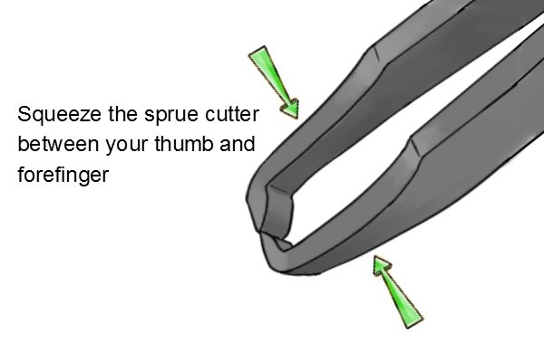 The tweezer sprue cutter is operated by squeezing the two sides between your thumb and forefinger to bring the jaws together and cut the sprue.