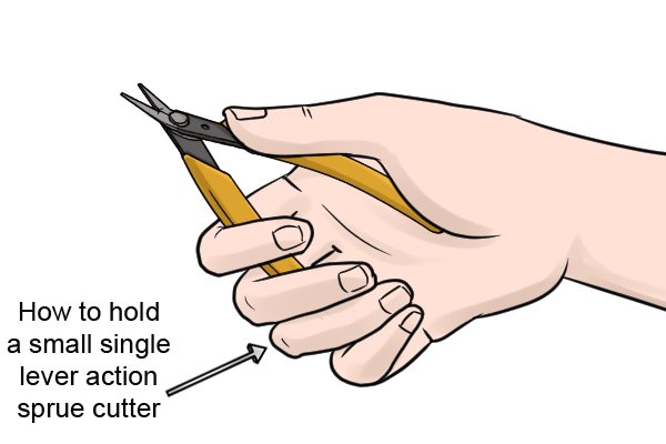 A small single lever action sprue cutter should be held in one hand with one of the handles resting in your palm and the other on the pads of your fingers.