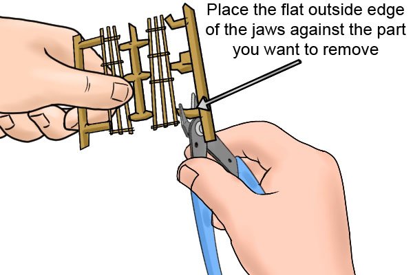 The flat outside edge of the sprue cutter jaws should be placed up against the part being removed to achieve the best finish on the cut and minimise the filing required afterwards.