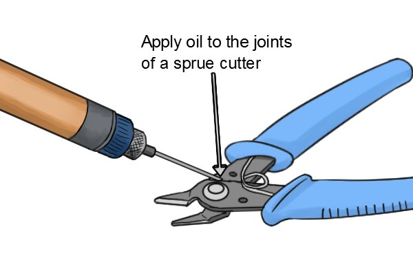 Oil being placed in the joint of a sprue cutter 