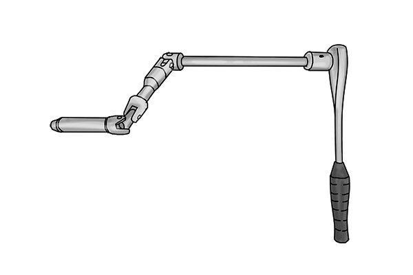 Universal joint being connected to a ratchet with and extension bar and adaptor.