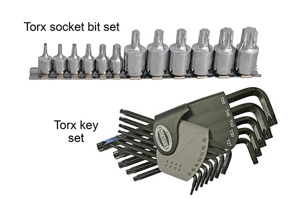 Set of Torx socket bits ranging in size from T10-T50 and Torx keys ranging in size from T7-T50.